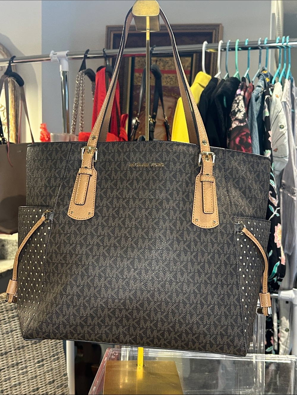 Michael Kors Dark Brown MK Logo Tote with Tan Leather Trim 15”x 6”x 10” NWOT